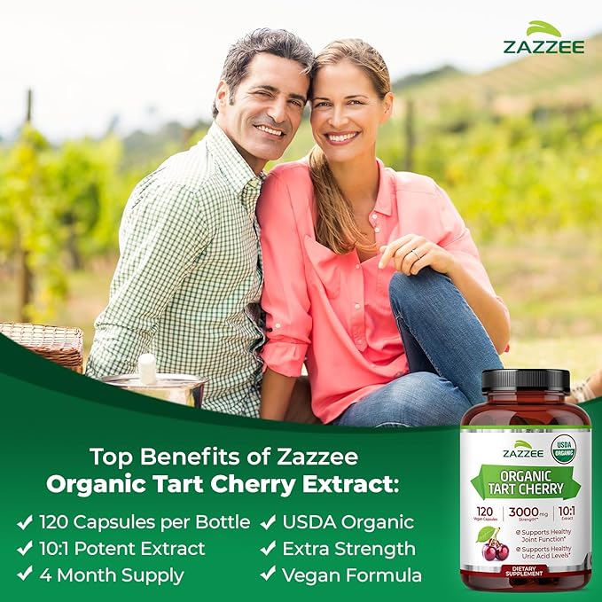 Zazzee USDA Organic Tart Cherry 10:1 Extract 120 Vegan Capsules 4 Month Supply Montmorency Cherry Daily Wellness Antioxidant Support Organic Herbal Supplement All-Natural Non-GMO Made in USA