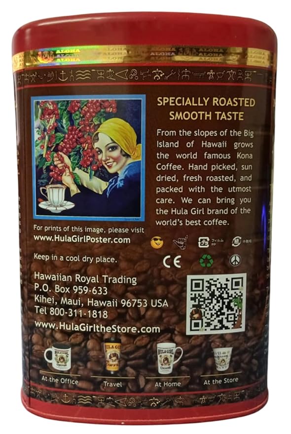 HULA GIRL 100% KONA Roasted Arabica Ground Coffee Dark Roast Net Wt. 10.5 Ounce (0.66Lb) 300 Grams Collector Tin