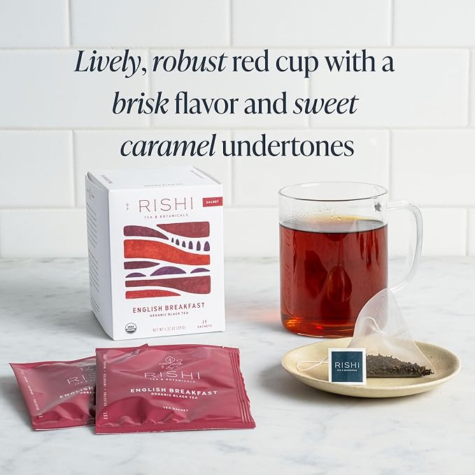 Rishi Tea English Breakfast Tea - Organic Sachet Tea Bags Energizing &amp Caffeinated Pure Black Tea Ideal for Hot or Iced Tea - 15 Count (Pack of 6)