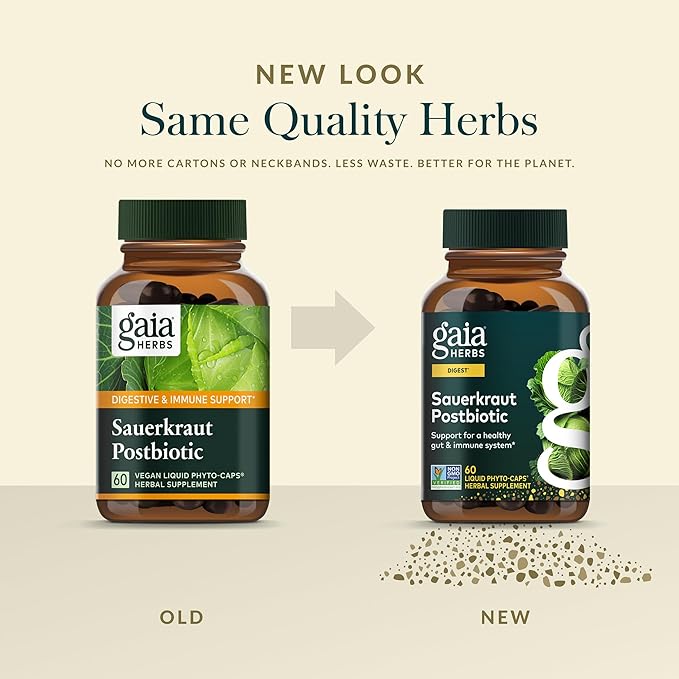 Gaia Herbs Sauerkraut Postbiotic - Gut Health &amp Immune Support Supplement* - Made with Fermented Sauerkraut - Free from Dairy Soy &amp Gluten - 60 Vegan Liquid Phyto-Caps (30 Servings)