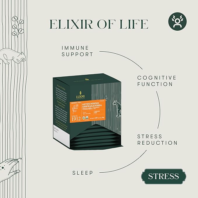 Luxmi Estates Astounding Ashwagandha Root Tea 15 Tea Bags (30g) Pack of 6 Tea Bags with Turmeric Ginger Lemongrass &amp More