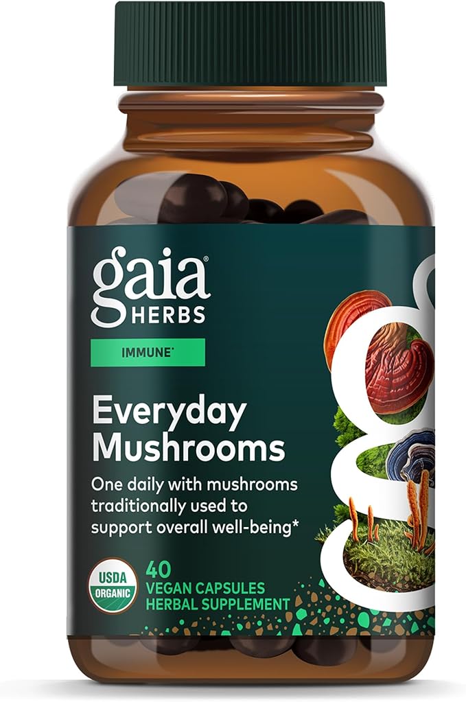 Gaia Herbs Everyday Mushrooms - Immune Support Mushroom Supplement for Daily Health Support* - with Reishi Cordyceps Turkey Tail Shiitake &amp Chaga Mushrooms - 40 Vegan Capsules (40 Servings)