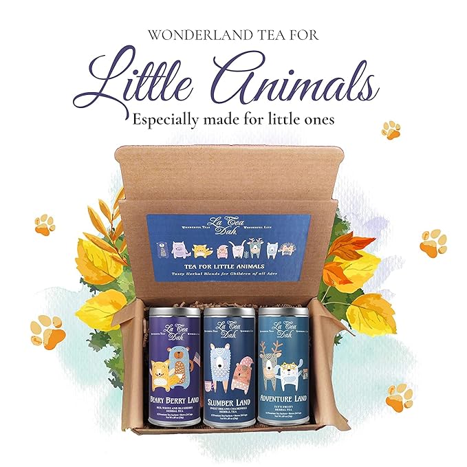 Little Animals Tea Gift Basket by La Tea Dah Caffeine Free Teas for Kids Children's Herbal Tea Sampler for Movie Night Baby Shower Party Supplies (36 Decaf Sachets)