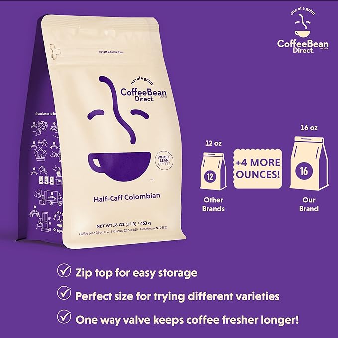 Coffee Bean Direct Half-Caff Colombian Whole Bean Coffee Light Roast 1 Pound Bag (Pack of 1)