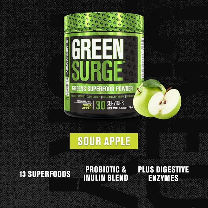 Jacked Factory Green Surge Green Superfood Powder- Keto Friendly Greens Drink w/Spirulina Wheat &amp Barley Grass Organic Greens - Green Tea Extract Probiotics &amp Digestive Enzymes - Sour Apple