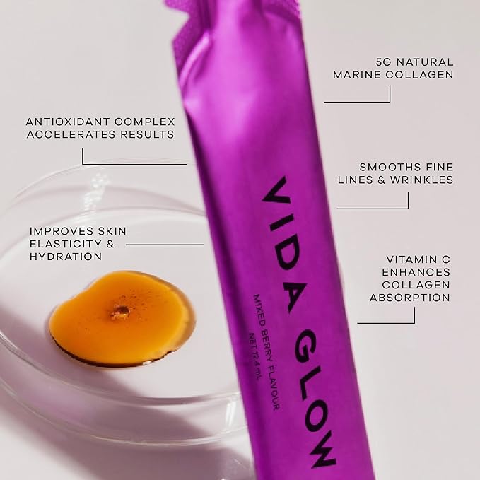 Vida Glow Collagen Liquid Advance – Marine Collagen Peptides with Vitamin C Antioxidants and Manuka Honey – Supports Skin Firmness Hair Thickness and Nail Strength- Berry Flavor