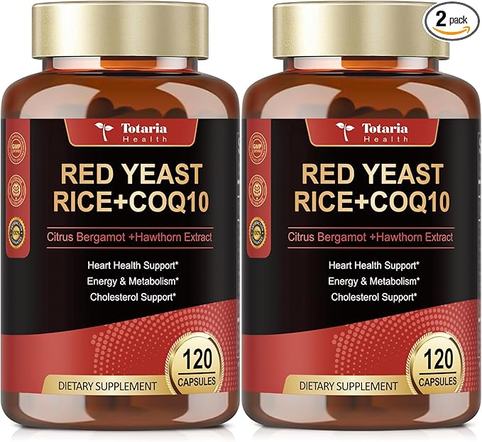 (2 Packs) Red Yeast Rice with CoQ10 Supplement - Citrinin Free Red Yeast Rice 2000 mg Capsules with CoQ10 100mg Plus Citrus Bergamot - Niacin-Free Cholesterol &amp Energy Supplement 3rd-Party Teste