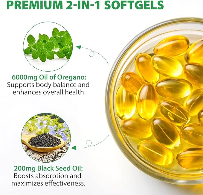 Oil of Oregano with Black Seed Oil 2 Pack 6000mg Oregano Oil Capsules Organic 240 Softgels 165mg Carvacrol Non-GMO Immune Support Supplement