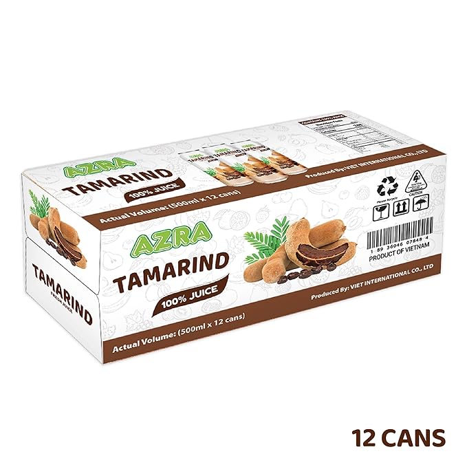 AZRA 100% Tamarind Juice – 500ml Cans Fresh Fruit Juice Variety Pack – Sugar Free Drinks made with Sweet Tamarind from Vietnam – Zero Sugar Juice Healthy Drinks for Kids and Adults – 12 Pack