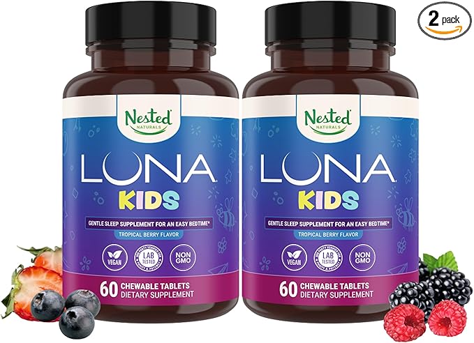 Nested Naturals Luna Kids Sugar-Free Sleep Aid Tablets for Children 4+ - Naturally Sourced Ingredients - Herbal Sleep Supplement with Chamomile Melatonin Valerian &amp Lemon Balm - 120 Chewable Tab