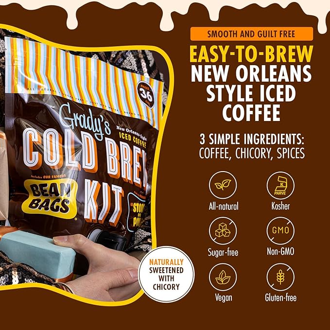 GRADY’S COLD BREW New Orleans Style 100% Arabica Ground Coffee &amp Chicory Pouches All-in-One Cold Brew Kit with 12 Easy-to-Brew Beans Bags Makes 36 drinks