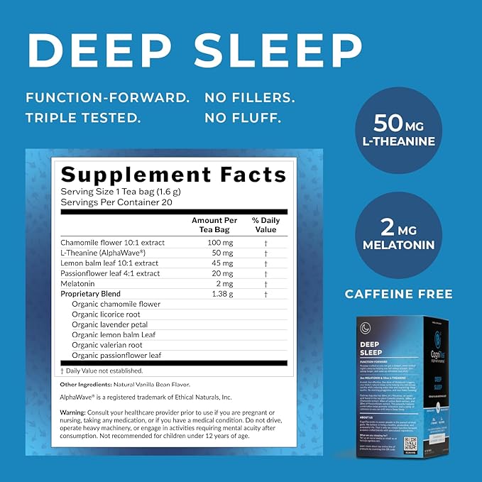 CogniTea Deep Sleep Tea 2mg Melatonin and 50mg L-Theanine for Deep Sleep with Valerian Chamomile Lemon Balm and Passion flower Extra Strength Sleepy for Night Time Rest and Relaxation