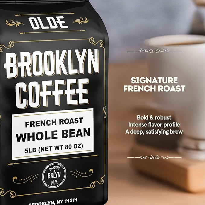 BROOKLYN COFFEE Whole Bean French Dark Roast (5lb) Silky Smooth Bold Balanced - Fresh Bulk Coffee Beans Roasted Weekly in NYC