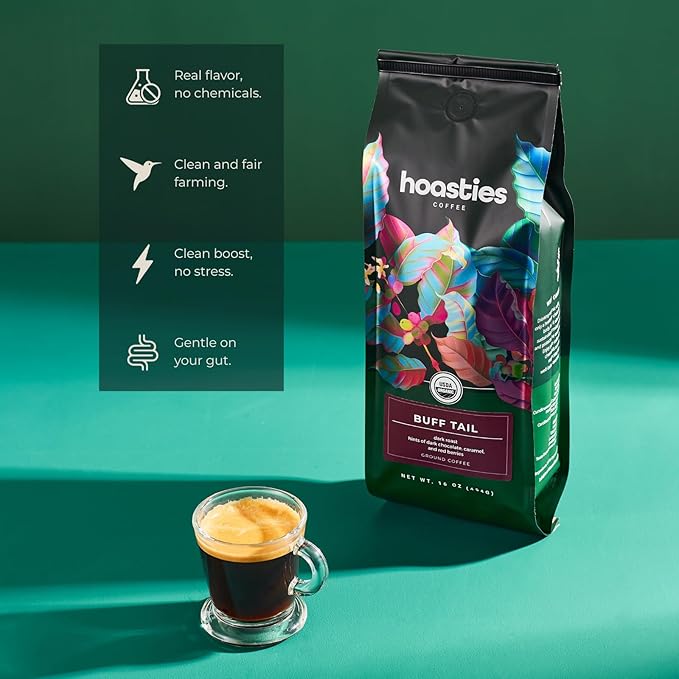 Hoasties Coffee Buff Tail - USDA Organic Dark Roast Whole Bean Coffee 100% Colombian Arabica Pesticide &amp Chemical-Free 16 oz