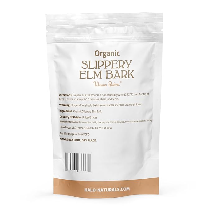 Halo Naturals Organic Slippery Elm Bark Cut 4 Ounces (Ulmus rubra) USDA Certified | Resealable Pouch| Packaged in The USA (Pack of 1)