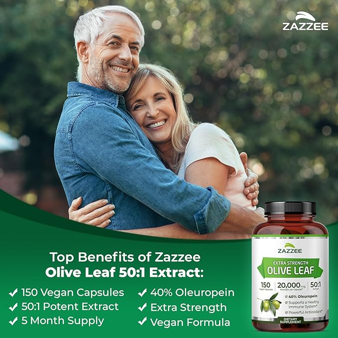 Zazzee Extra Strength Olive Leaf 50:1 Extract 40% Oleuropein 150 Vegan Capsules 5 Month Supply Olea Europaea Mediterranean Source Potent Antioxidant &amp Immune Support Non-GMO Made in the US