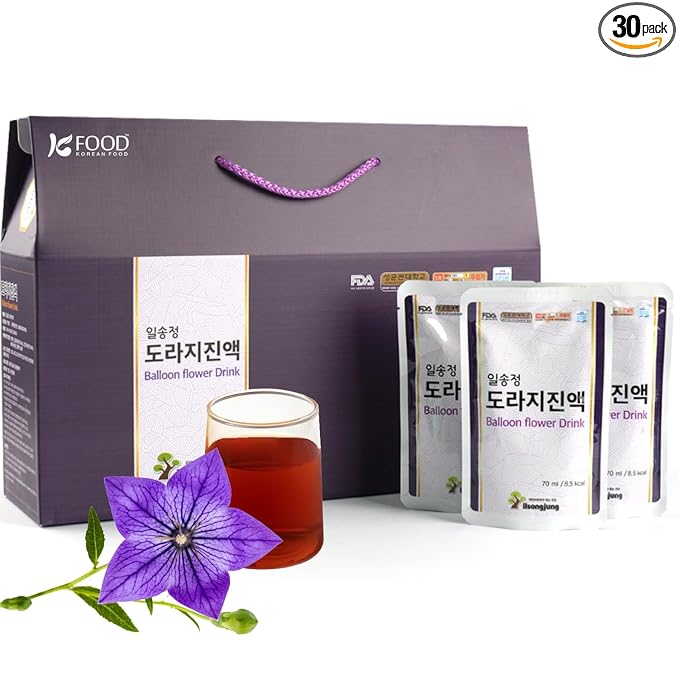 Korean Food ILSONGJUNG 100% Pure Balloon Flower Root Juice – Traditional Korean Herbal Drink No Added Sugar Naturally Sourced Wellness Beverage 2.37 FL OZ (70ml) x 30 Pack Made in Korea 도라지즙 도라지