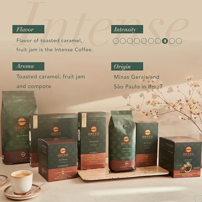 ORFEU - Special Coffee Intense - Drip Sachet - 100% Arabica Coffee Dark Roast Aroma of Toasted Caramel &amp Fruit Jam Low Acidity Made In Brazil Velvety Body - 10 Units 100g (Pack of 2)