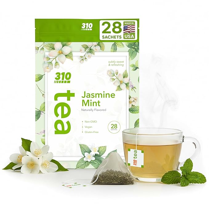 310 Nutrition Jasmine Mint Tea – Herbal Tea with Yerba Mate Oolong Green Tea Blend Peppermint Leaf Rooibos Guarana &amp Ginger – Sugar-Free Flavored Jasmine Tea Bags – Smooth Mint Green Tea – 28