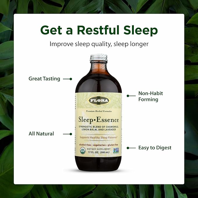 Flora Sleep Essence 17 oz - Synergistic Supplement Blend of Chammoile Lemon Balm and Lavender - Herbal Tonic - Organic Non GMO Vegan