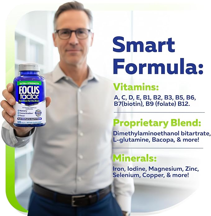 Focus Factor Adults Extra Strength 120 Count - Brain Supplement for Memory Concentration and Focus - Complete Multivitamin with DMAE Vitamin D DHA - Trusted Health Vitamins