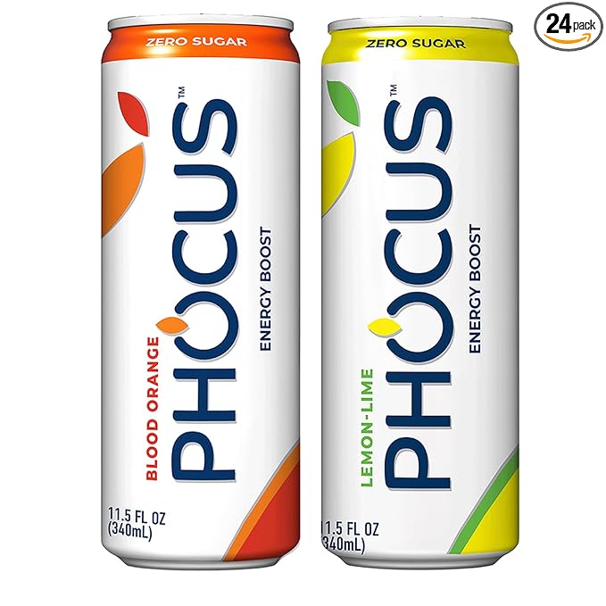 Phocus Energy Boost Blood Orange &amp Lemon Lime Bundle | 11.5 Fl oz (Pack of 24) | No Sugar | 75mg Caffeine + L-Theanine | 0 Calories