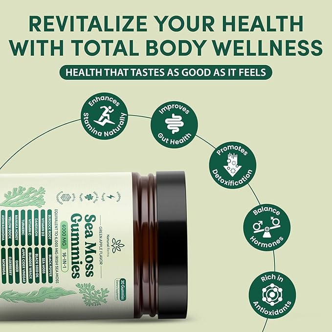 Natural Rems Sea Moss Gummies 16-in-1 - Ashwagandha Black Seed Oil Bladder Wrack Turmeric Vitamin C &amp D3 with Manuka Burdock Root Dandelion Yellow Dock Elderberry Apple Cider Vinegar (Green Apple)
