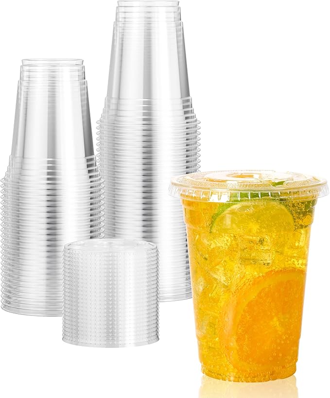 Vplus 160 Pack 16 OZ PET Clear Plastic Cups with Lids 16 OZ Crystal Cold Disposable Drinking Plastic Cups with Flat Lids Perfect for Ice Coffee Smoothie Juice