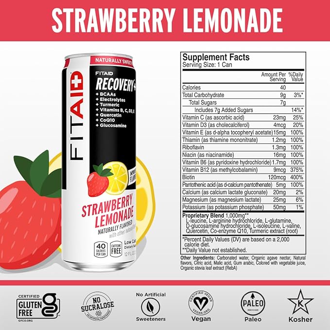 LIFEAID FITAID Post Workout Recovery Drink Strawberry Lemonade BCAAs Glucosamine Electrolytes Quercetin Paleo Vegan &amp Gluten-Free 40 Calories 12 Fl Oz (Pack of 24)
