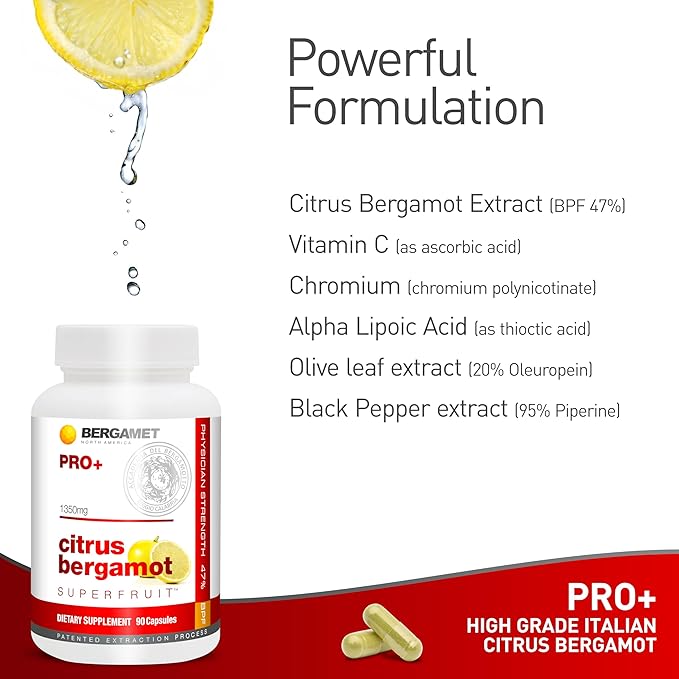 BergaMet Citrus Bergamot SuperFruit PRO+ Supplement 200:1 Extract 1350mg 80% Polyphenols Olive Leaf Extract 47% BPF World's Strongest 90 Capsules 1 Month Made in the USA