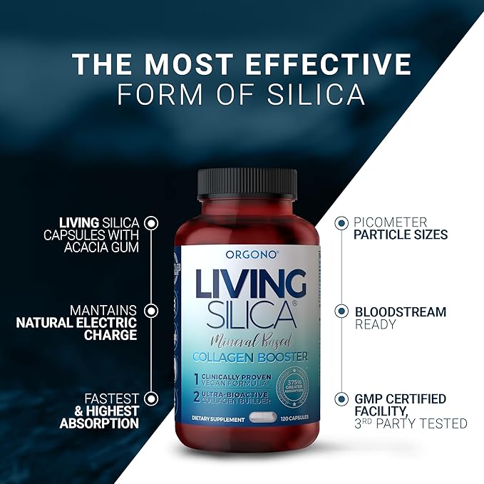 Living Silica ORGONO Mineral-Based Collagen Booster Capsules | Silica-Based | Supports Collagen &amp Elastin for Joint &amp Bone Support Glowing Skin Strong Hair &amp Nails | 120 Capsules