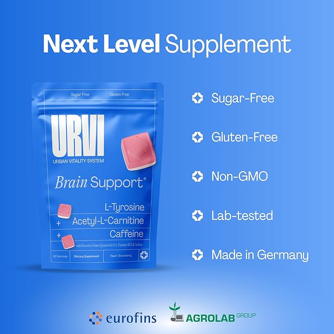 URVI® Brain Gummies – L-Tyrosine Acetyl-L-Carnitine Caffeine L Methyl Folate (Quatrefolic® 5-MTHF) Vitamin B12 &amp Iodine – Boosts Energy &amp Focus – Sugar-Free – Strawberry Flavor – 60 Gummie