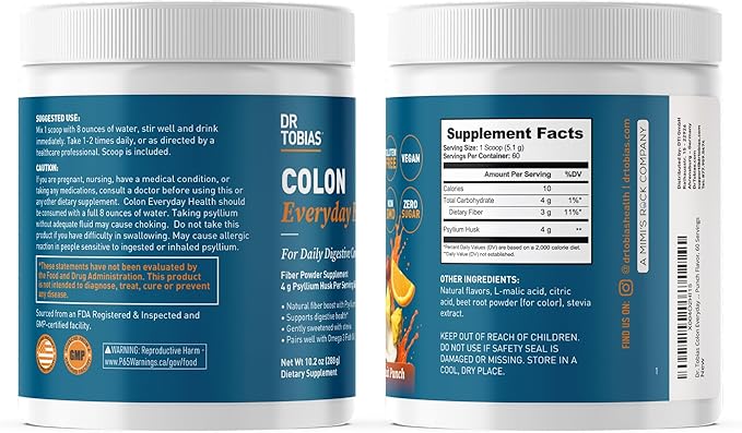 Dr. Tobias Colon Everyday Health - Gut Health for Women &amp Men - Psyllium Fiber Powder Drink with 4g Psyllium Husk Powder per Serving Vegan Gluten Free Non-GMO Fruit Punch 60 Servings