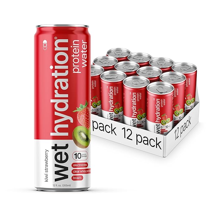 Wet Hydration Protein Water | Electrolyte Drink with Clear Whey Protein &amp BCAAs - Kiwi Strawberry Flavor (12oz Cans Pack of 12) | Zero Sugar 10g Protein Low Calorie Functional Hydration