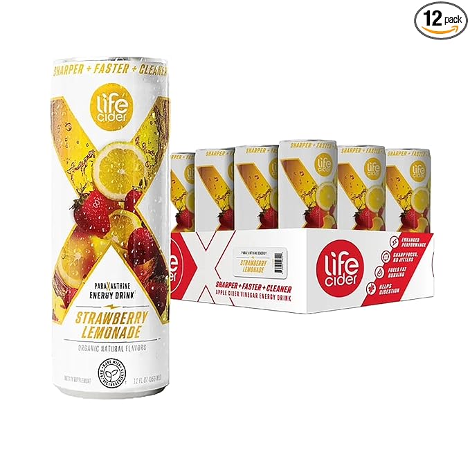 Life Cider X Strawberry Lemonade Apple Cider Vinegar Healthy Energy Drink 12 Pack Organic Energy Drink Made with ACV and Paraxanthine Natural Flavors No Jitters No Crash