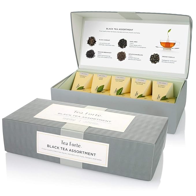 Tea Forte Premium Petite Presentation Box Gift Set Sampler 10 Count 2 of Each Blend Individually Wrapped Handcrafted Pyramid Infuser Bags Black Tea