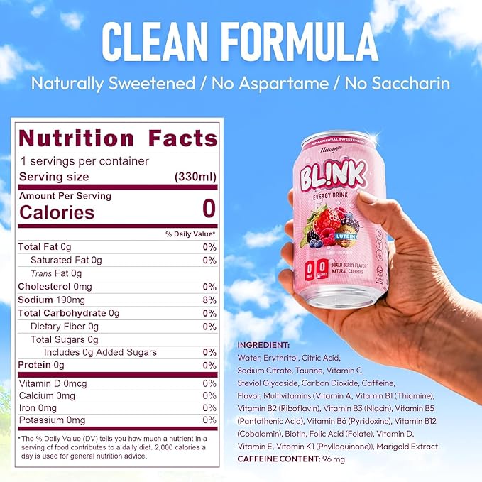 NÜLIFE BL!NK Zero Sugar Sparkling Energy Drink 96mg Natural Caffeine Contains Lutein Clean Energy Drink No Artificial Sweetener Mixed Berry 11.16 Fl Oz (Pack of 12)