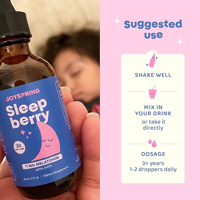 JoySpring Melatonin 1MG for Kids | 5HTP &amp L-Theanine – Sugar-Free Liquid Melatonin for Kids &amp Teens – Child-Friendly Sleep Supplement (1 fl oz)