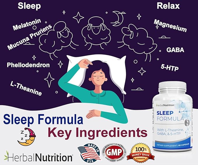 Herbal Nutrition Sleep Support Supplement Sleep Formula is a Multi-Ingredient Sleep Supplement with Melatonin GABA L-Theanine and More Sleep Like You are on Cloud 9! One 60 Ct Bottle