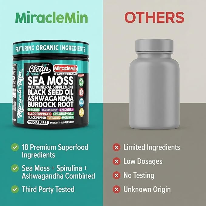Clean Nutra Organic Sea Moss Capsules with Ashwagandha Black Seed Oil Burdock Root Bladderwrack Moringa Chlorella Spirulina Turmeric Elderberry Amla – 90 Vegan Capsules – MiracleMin