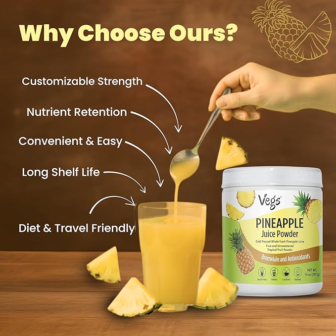 Vegs Pineapple Juice Powder - Freeze Dried Organic Pineapple Powder with Bromelain &amp Antioxidants - Sugar-Free Cold Pressed Tropical Fruit - Smoothies Drinks Cooking Baking - Vegan Non-GMO - 1