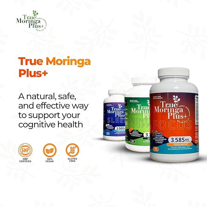 True Moringa Plus+ Focus Support Supplement 10:1 Extract | 20000mg of Organic Moringa Reishi Cordyceps Lion’s Mane Ashwagandha Bacopa Monnieri | Memory &amp Brain Health for Adults (150 Capsule