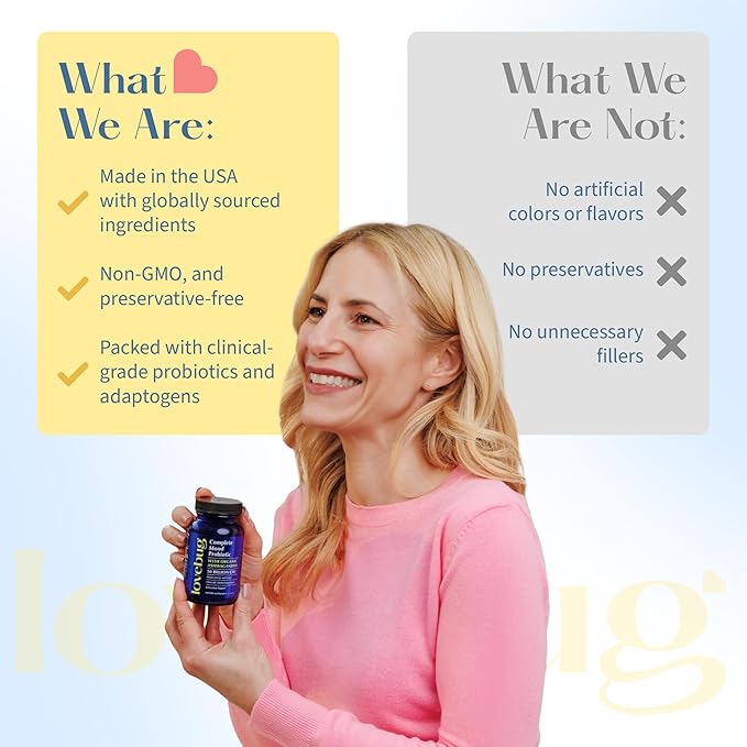 LoveBug Complete Mood Probiotics for Women - 50 Billion CFU 10 Clinically Studied Strains Lactobacillus Bifidobacterium Probiotic with Ashwagandha Digestive Health Mood Support Supplement 30 Count