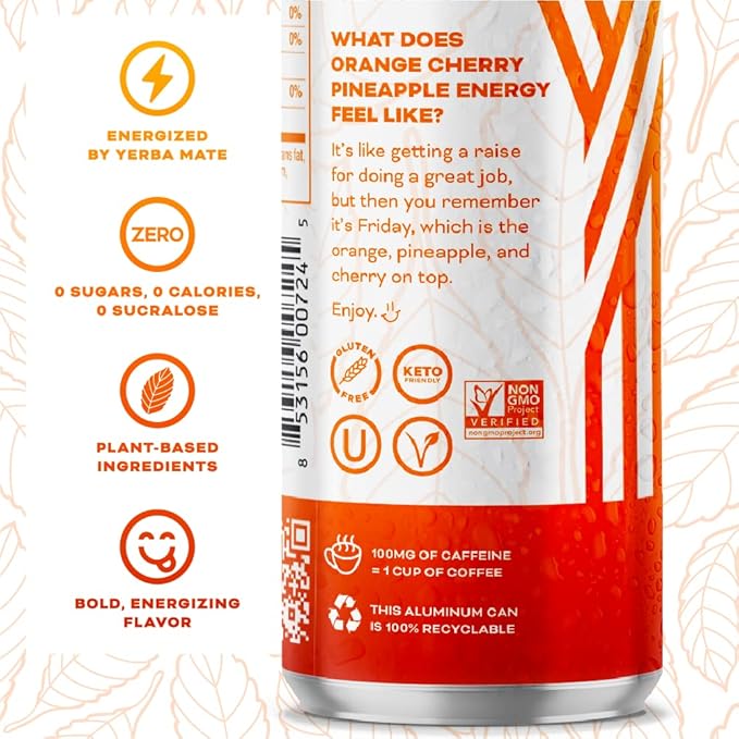 Yerbaé Energy Seltzer - Orange Cherry Pineapple No Sugar/Calories/Carbs. Energized by Yerba Mate Naturally Caffeinated Plant-Based Healthy Alternative to Coffee/Sugary Sodas Pack of 12 12oz cans