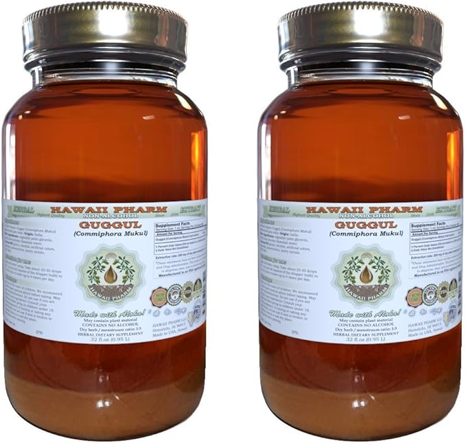 Hawaii Pharm Guggul Alcohol-Free Liquid Extract Guggul (Commiphora Mukul) Unprocessed Gum Resin Glycerite Natural Herbal Supplement 2x32 oz Unfiltered