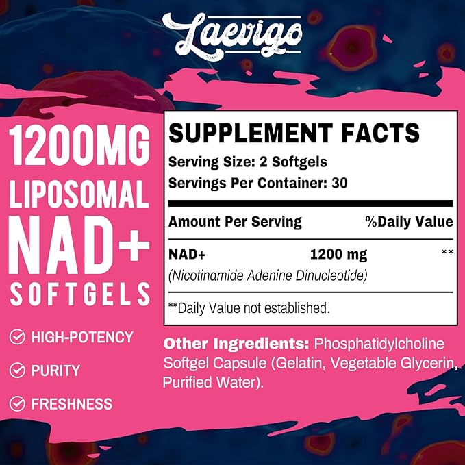 Liposomal NAD+ Supplement 1200mg High Absorption Cellular Energy &amp Mitochondrial Support NAD Plus for Longevity &amp Vitality Anti-Aging Formula 60 Softgels