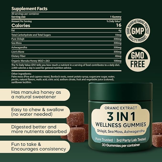 3IN1 Shilajit Wellness Gummies Ashwagandha Sea Moss Energy &amp Immune Support for Man &amp Women Trace Mineral &amp Fulvic Acid Rich Organic Vegan Non-GMO 30 Gummies
