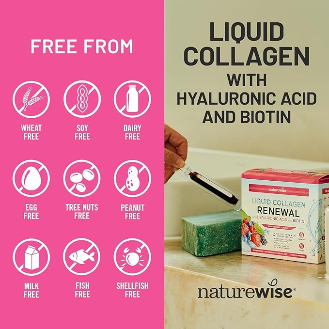 NatureWise Hydrolyzed Liquid Collagen for Women &amp Men 4000mg - High Absorption Type 1 &amp 3 Peptides with Biotin + Vitamin C + Vitamin B Complex &amp Hyaluronic Acid -Mixed Berry - 30 Tubes[30