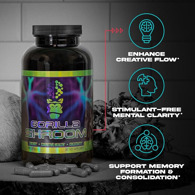 Gorilla Mind Shroom Nootropic Mushroom Supplement (6700mg) - 270 Capsules/Includes Lions Mane Cordyceps Reishi Maitake/Increased Energy Immune Modulation Enhanced Cognitive Functioning
