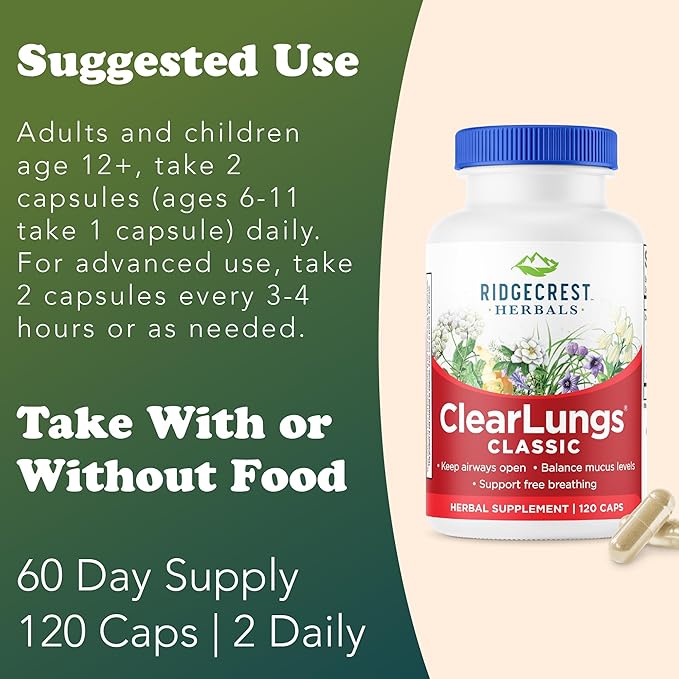 RidgeCrest Herbals ClearLungs Classic Daily Health Supplement Natural Lung and Nasal Wellness Formula for Bronchial Respiratory Immune Sinus and Mucus Support (120 Vegan Caps 60 Serv)